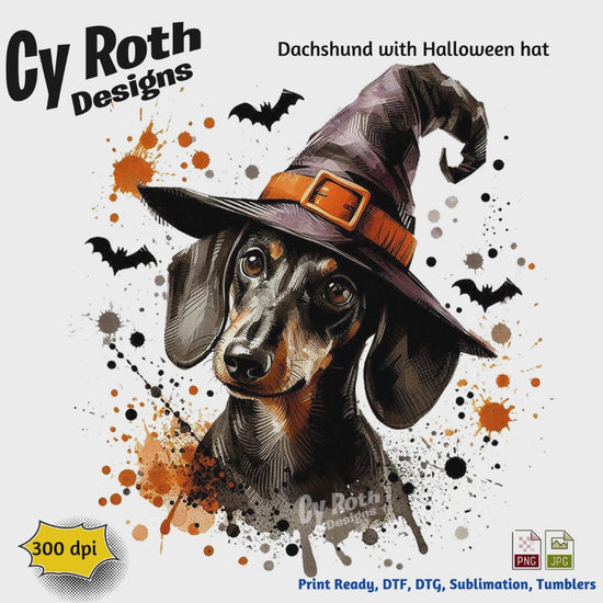 Dachshund wearing a Halloween witch hat with splatter effects and 'Cy Roth Designs' branding.