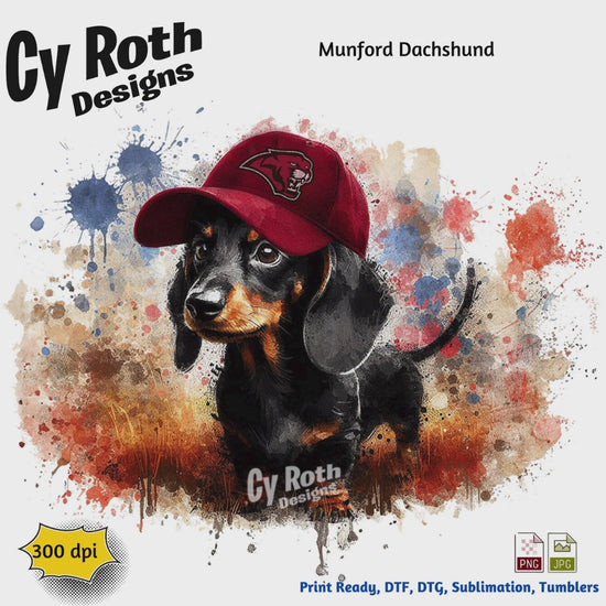 Dachshund wearing Munford hat sublimation design for tumblers, T-Shirts, Wall Art (PNG, SVG Digital Download).