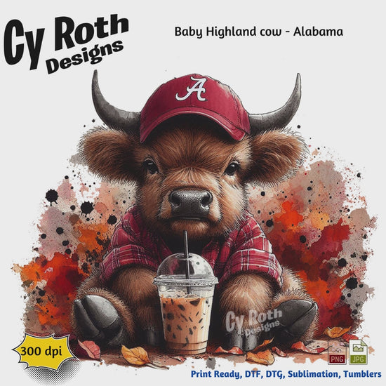Baby Highland Cow wearing Alabama hat sublimation file to make tumblers, t-Shirts, Printable Wall Art, Sweatshirts. Great to make personalized gifts