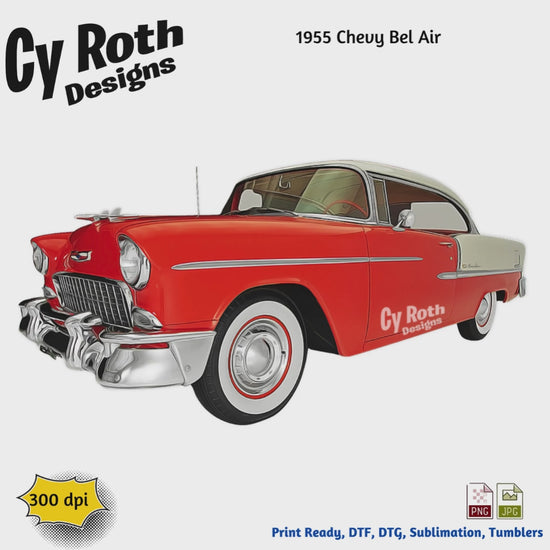 Video of 1955 Chevy Bel Air sublimation design for tumblers, T-Shirts, Wall Art (PNG, SVG Digital Download) by CyRoth Designs, the leading provider in car and truck images.