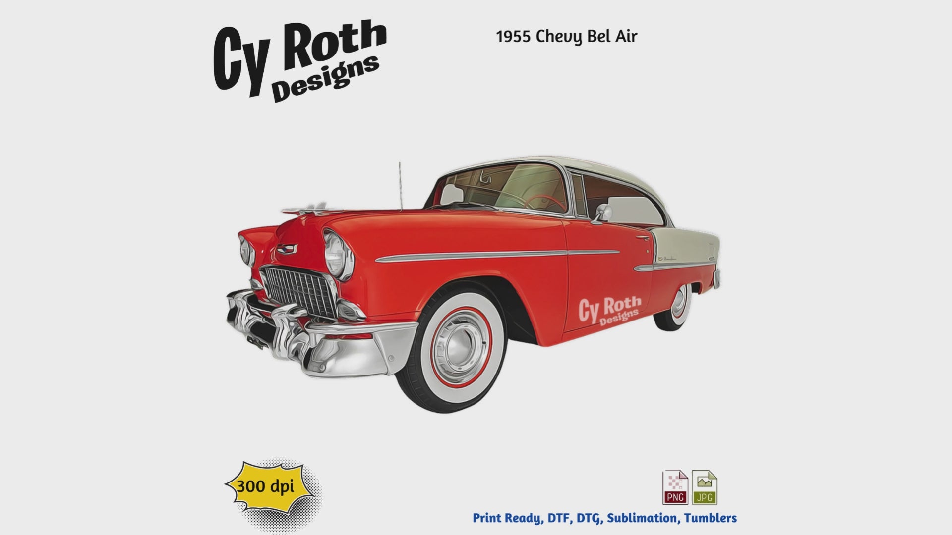 Video of 1955 Chevy Bel Air sublimation design for tumblers, T-Shirts, Wall Art (PNG, SVG Digital Download) by CyRoth Designs, the leading provider in car and truck images.