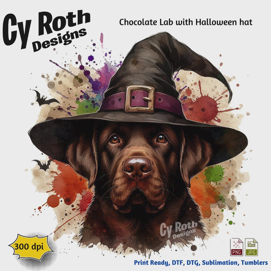 Chocolate Lab wearing a witch hat with Halloween-themed background, Cy Roth Designs branding.