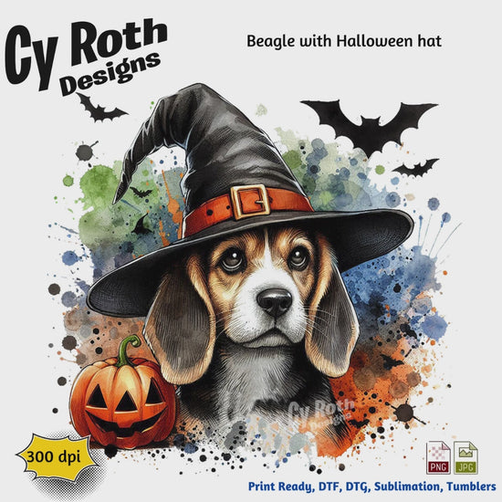 Beagle dog wearing a Halloween witch hat with pumpkins and bats on a colorful splatter background, featuring Cy Roth Designs.
