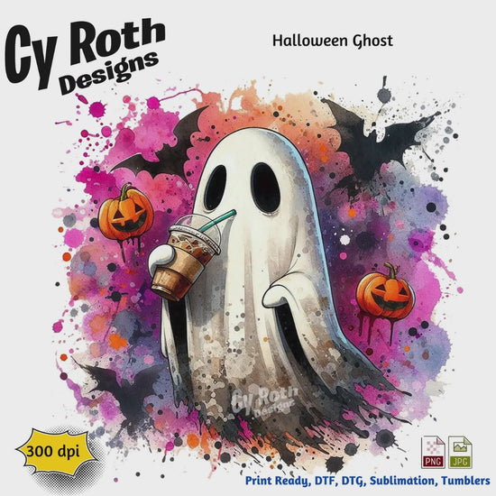 Halloween ghost sipping on iced coffee sublimation design for tumblers, T-Shirts, Wall Art (PNG, SVG Digital Download).