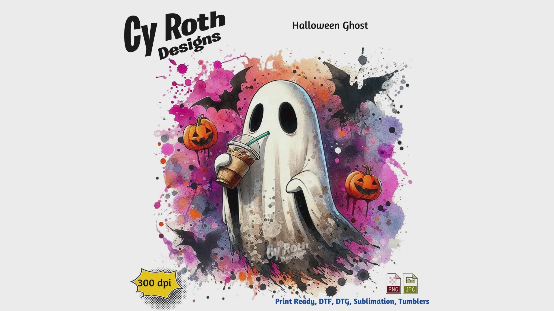 Halloween ghost sipping on iced coffee sublimation design for tumblers, T-Shirts, Wall Art (PNG, SVG Digital Download).