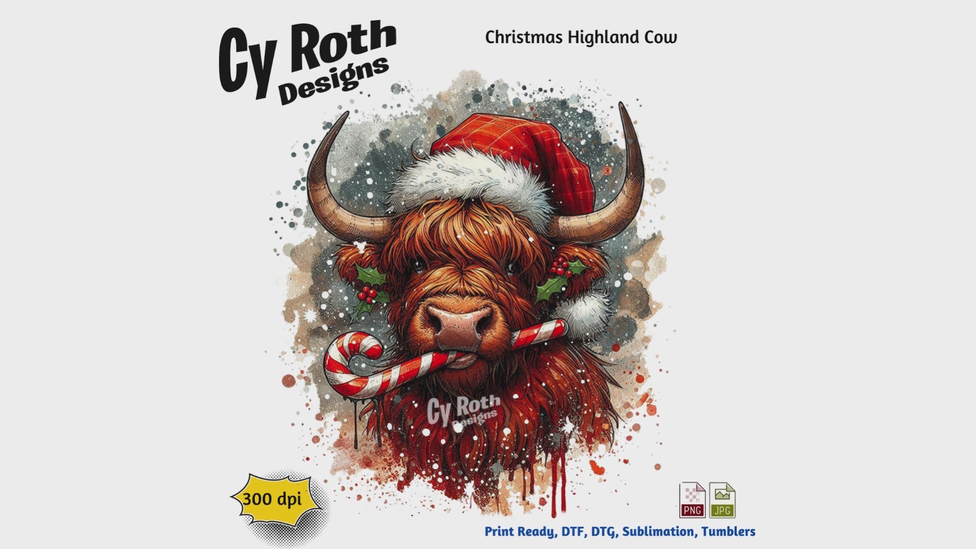 Illustration of a Highland cow wearing a Santa hat with Christmas decorations