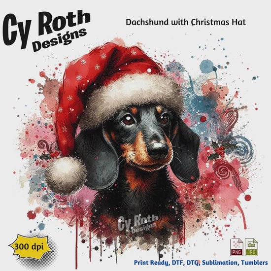Dachshund wearing a Christmas hat with colorful splashes and 'Cy Roth Designs' branding.