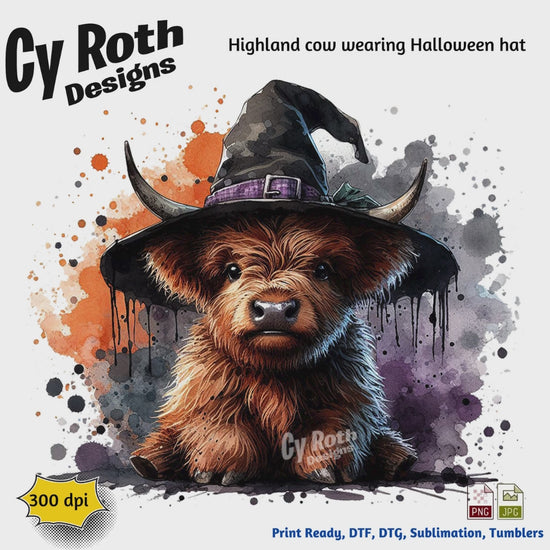 Highland Cow wearing Halloween hat sublimation file to make tumblers, t-Shirts, Printable Wall Art, Sweatshirts. Great to make personalized gifts. Popular junk journal image also.
