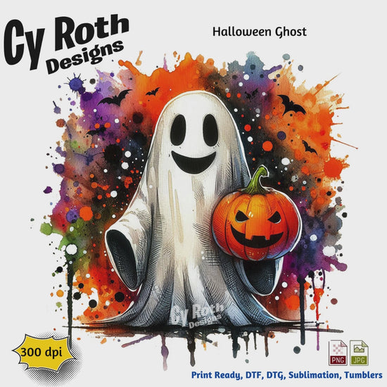 Halloween ghost holding a pumpkin sublimation design for tumblers, T-Shirts, Wall Art (PNG, SVG Digital Download).