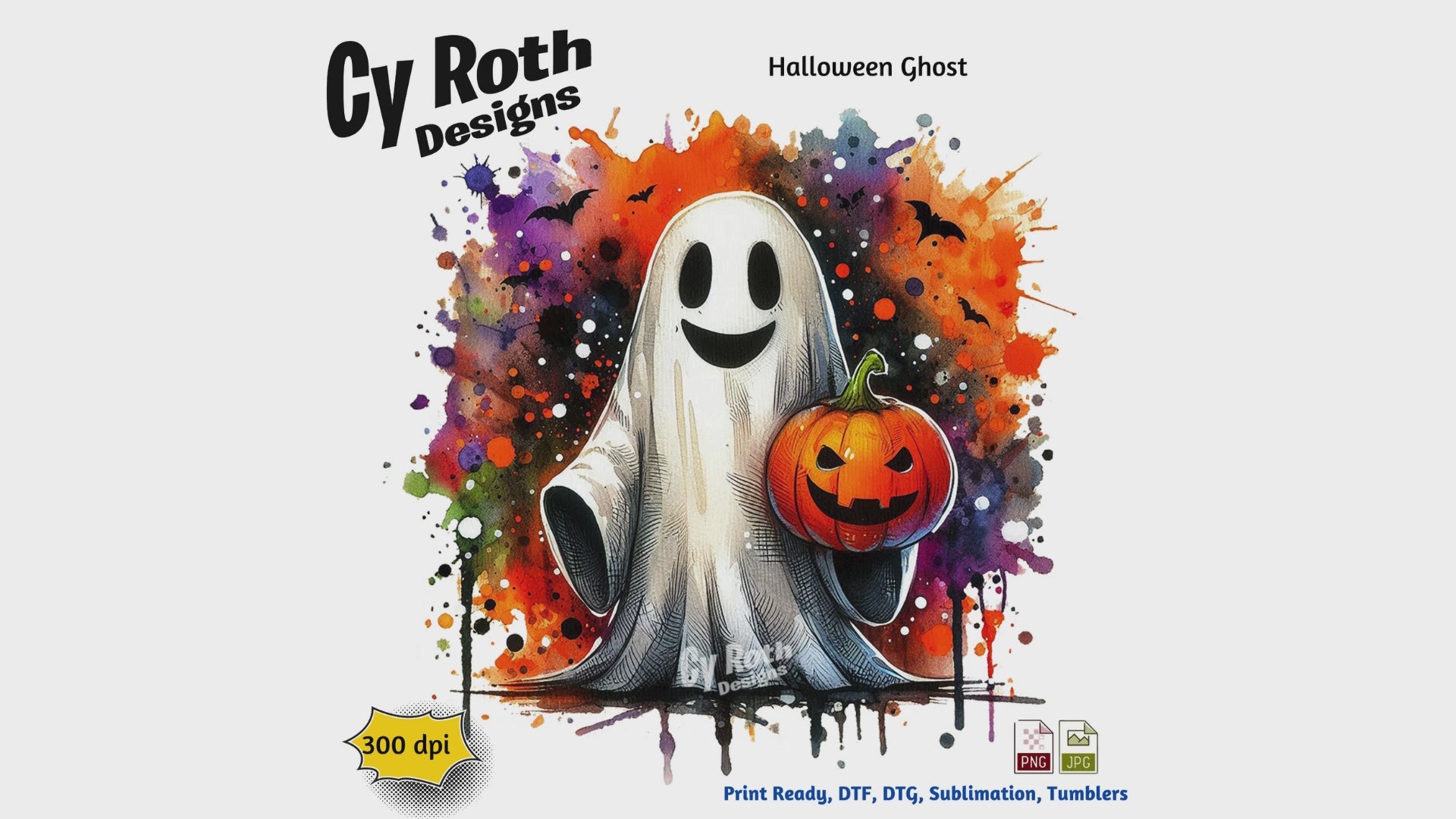 Halloween ghost holding a pumpkin sublimation design for tumblers, T-Shirts, Wall Art (PNG, SVG Digital Download).