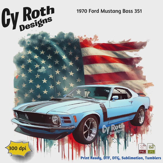 Video of 1970 Ford Mustang with American Flag sublimation design for tumblers, T-Shirts, Wall Art (PNG, SVG Digital Download) by CyRoth Designs, the leader in car and truck art work