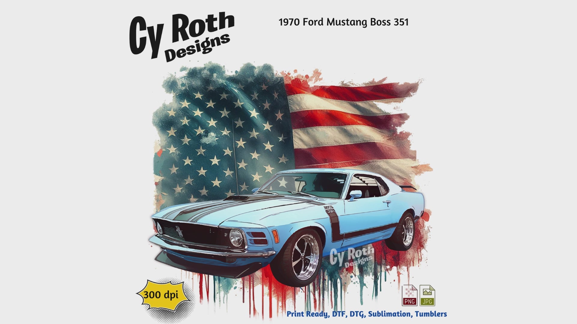 Video of 1970 Ford Mustang with American Flag sublimation design for tumblers, T-Shirts, Wall Art (PNG, SVG Digital Download) by CyRoth Designs, the leader in car and truck art work