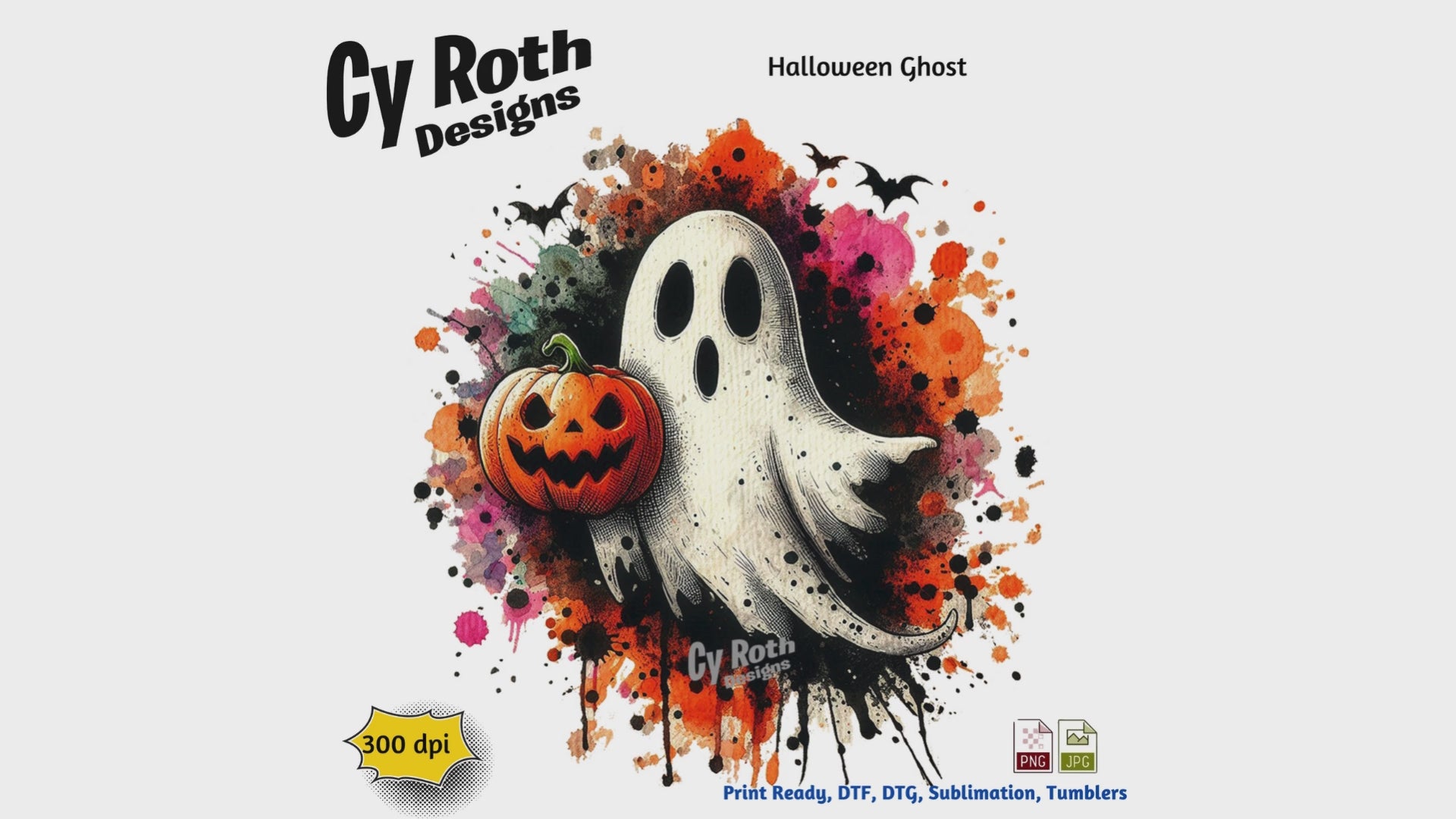 Halloween ghost with jackolantern sublimation design for tumblers, T-Shirts, Wall Art (PNG, SVG Digital Download).